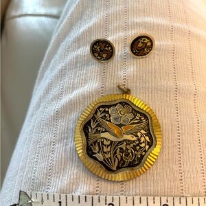 Damascene Spanish Damascus Pendant, bird and flower, Gold and Black, Earring Set